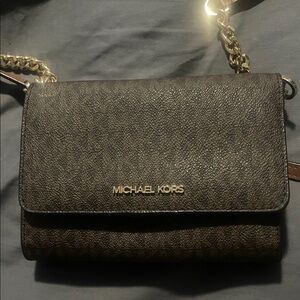 Michael Kors Black Leather Crossbody with Gold Chain